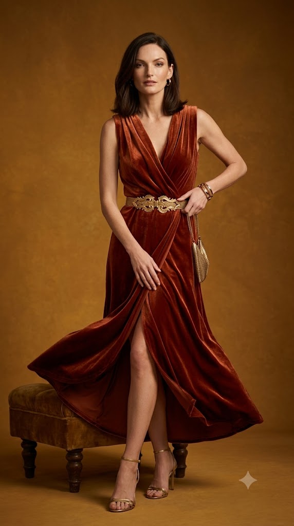 Rust Velvet Wrap Dress with Statement Belt